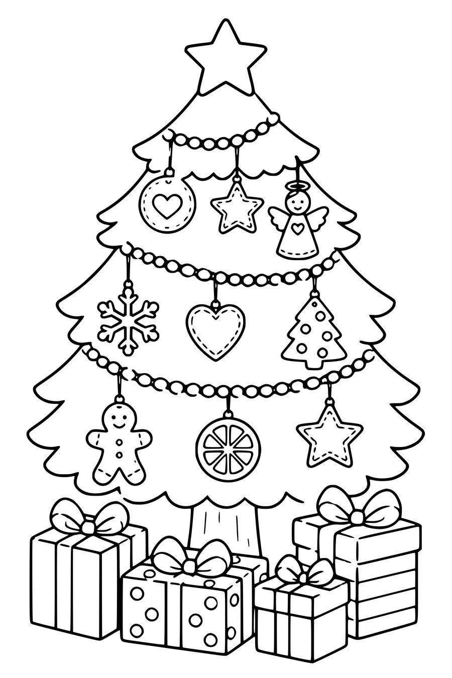 Christmas tree with handmade ornaments — page de coloriage gratuite à imprimer