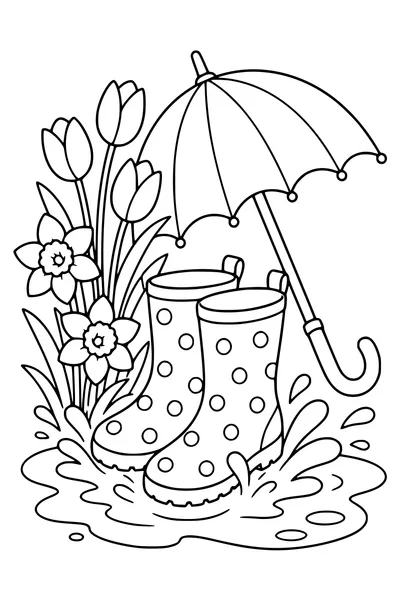 Spring rain boots in a puddle coloring page