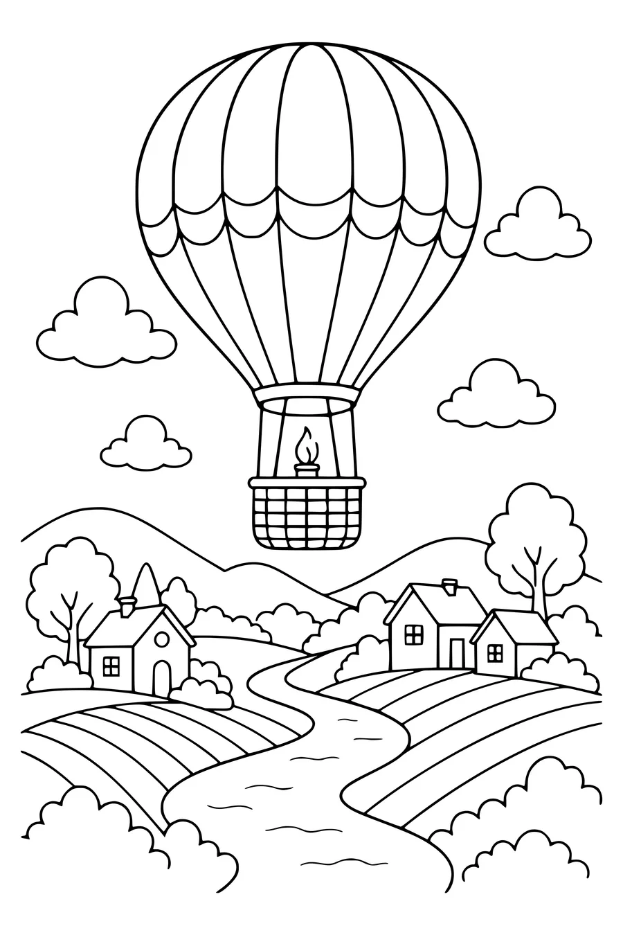 Hot-air balloon over the landscape — kostenloses Ausmalbild zum Ausdrucken