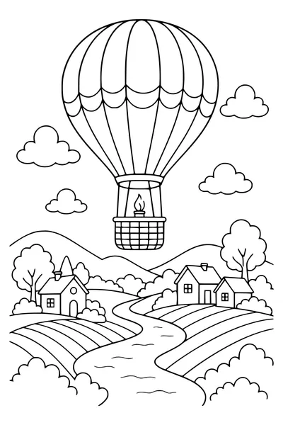 Hot-air balloon over the landscape — page de coloriage gratuite à imprimer