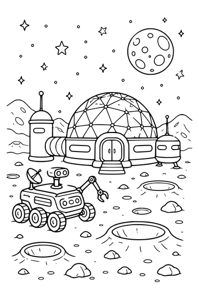 Moon base with dome — kostenloses Ausmalbild zum Ausdrucken