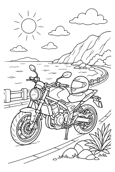 Motorbike on the coastal road — page de coloriage gratuite à imprimer