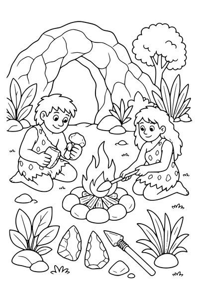 Early human beside the fire — page de coloriage gratuite à imprimer