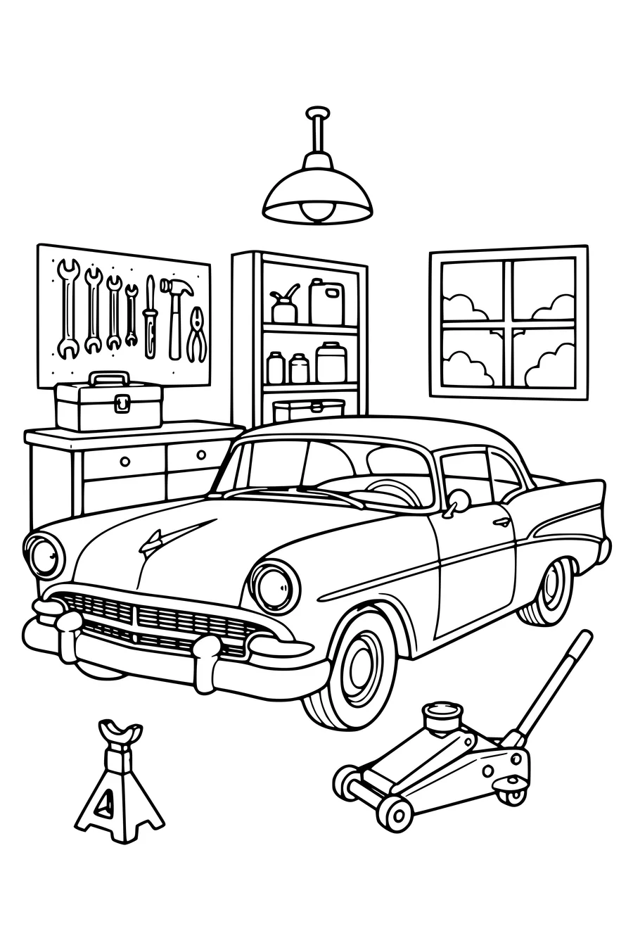 Classic car in the garage — page de coloriage gratuite à imprimer