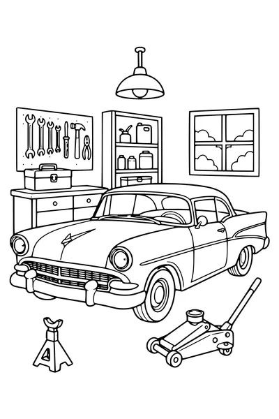 Classic car in the garage — page de coloriage gratuite à imprimer