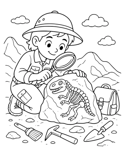 Paleontologist with magnifying glass — page de coloriage gratuite à imprimer