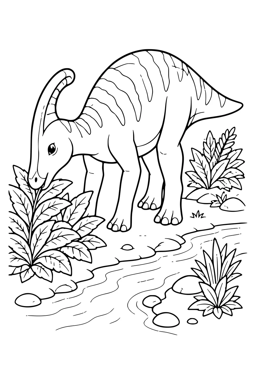 Parasaurolophus by the bushes coloring page