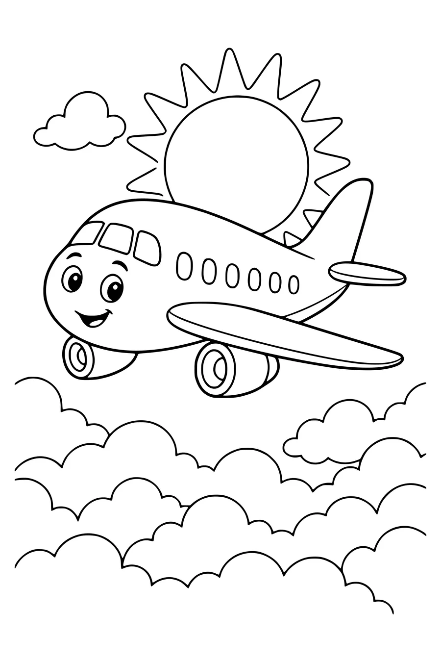 Passenger airplane above the clouds — page de coloriage gratuite à imprimer
