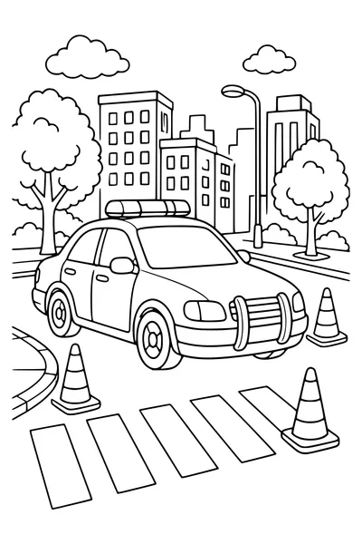 Police car in the city — page de coloriage gratuite à imprimer