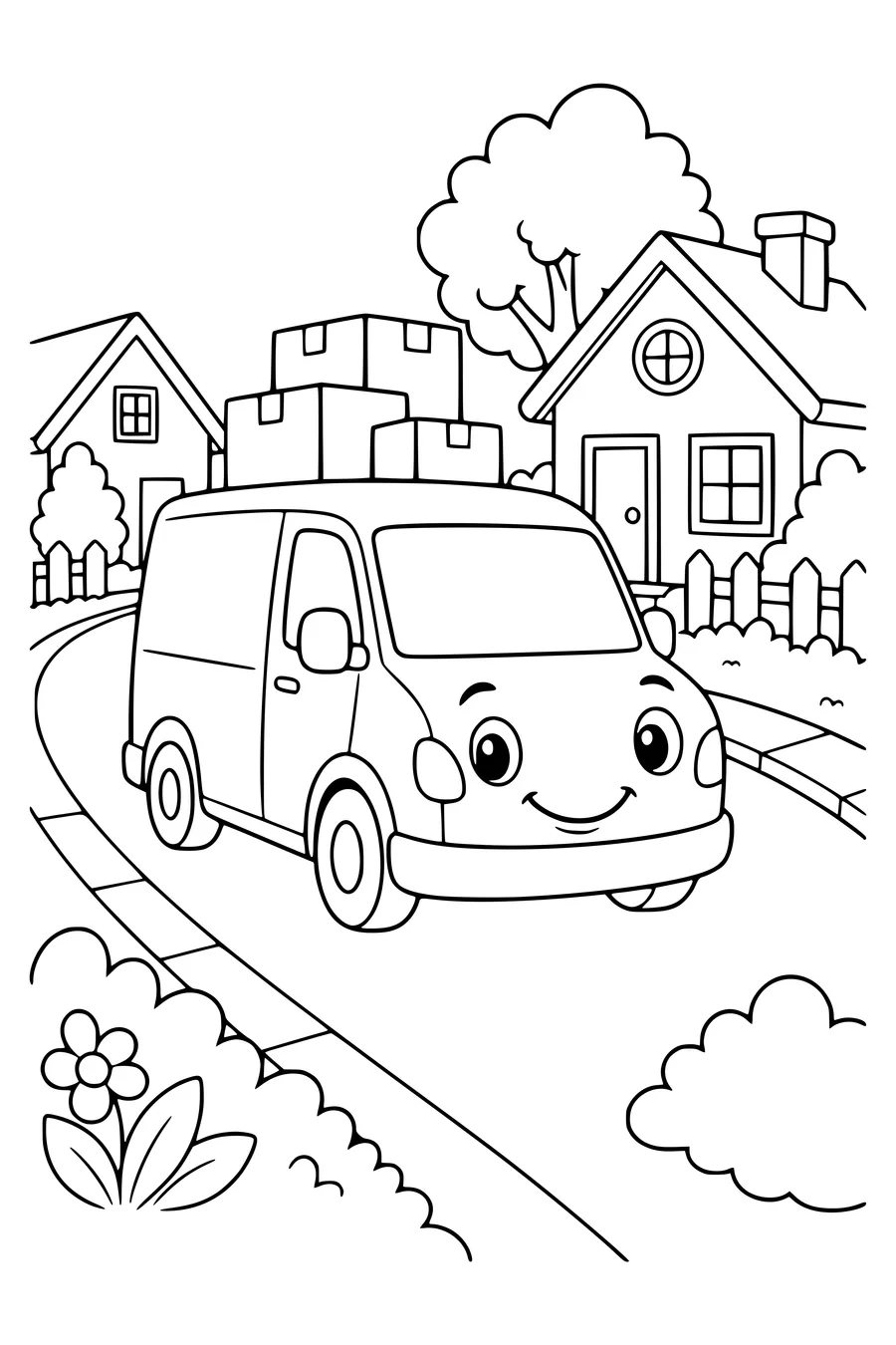 Delivery van on the road — kostenloses Ausmalbild zum Ausdrucken