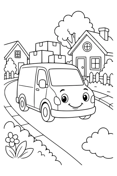 Delivery van on the road — page de coloriage gratuite à imprimer