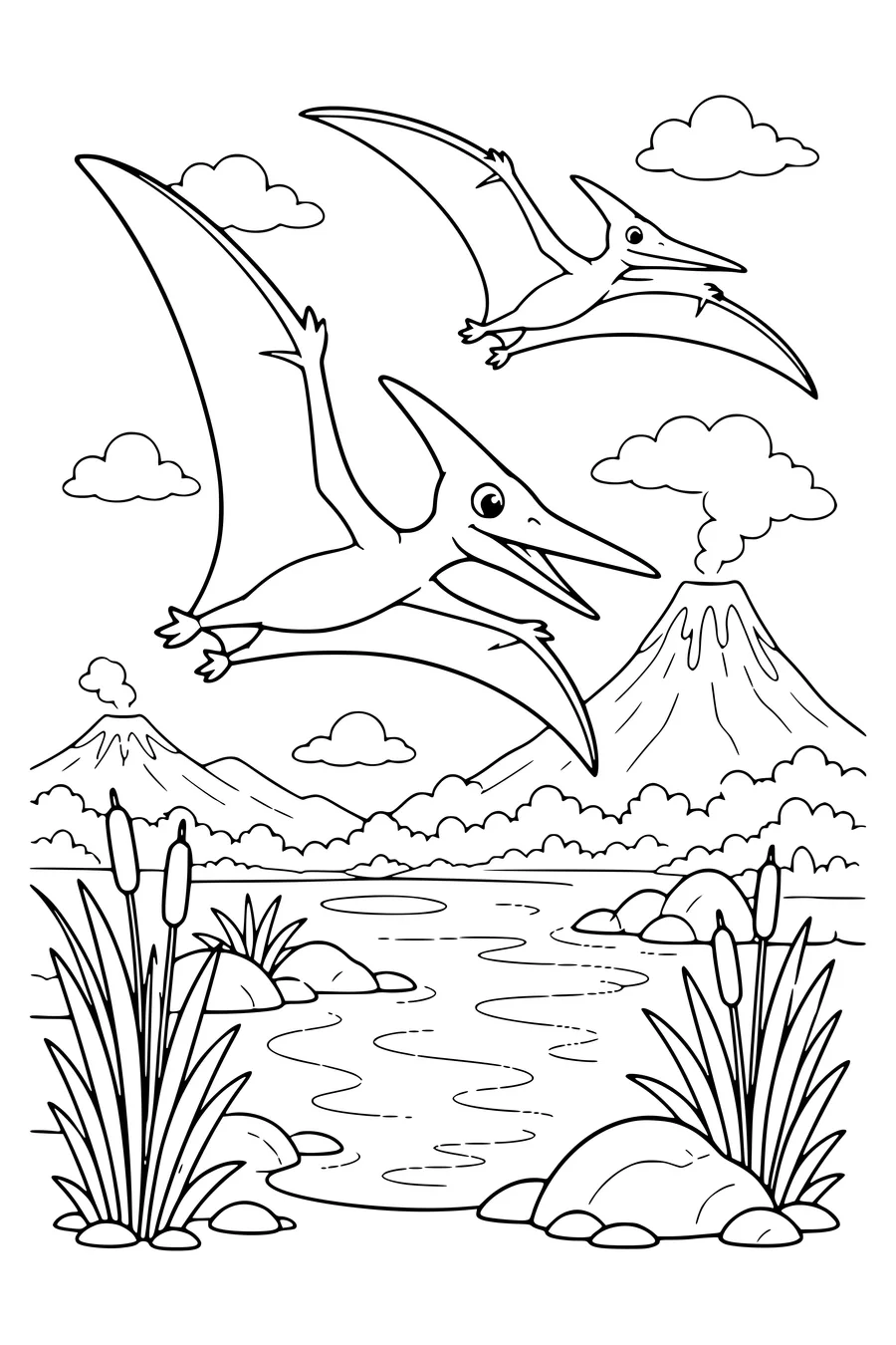 Pterosaurs above the lagoon — kostenloses Ausmalbild zum Ausdrucken