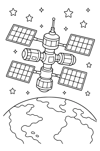 Space station in orbit — kostenloses Ausmalbild zum Ausdrucken