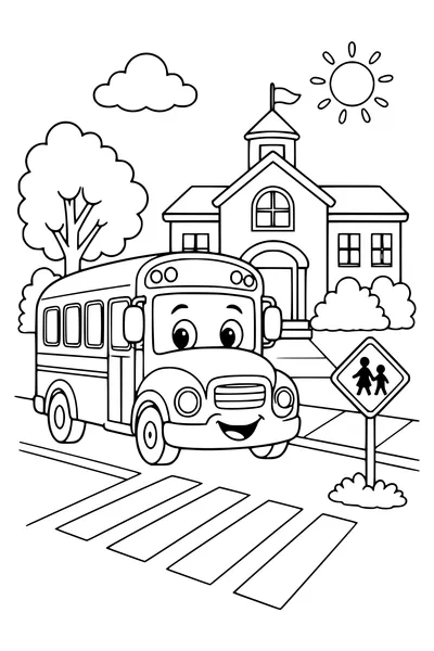 School bus at the school — kostenloses Ausmalbild zum Ausdrucken