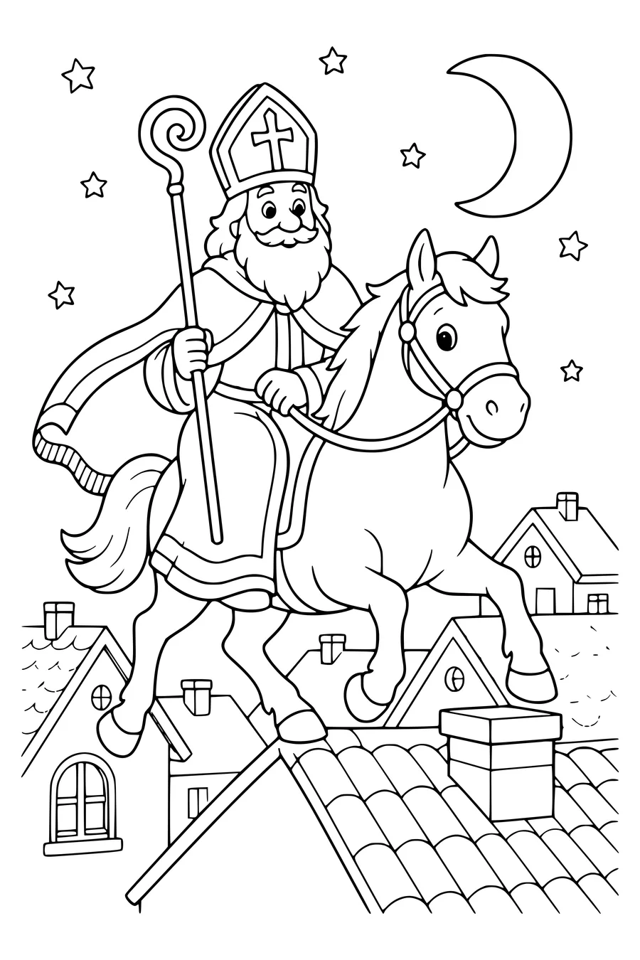 Saint Nicholas horse on rooftops coloring page
