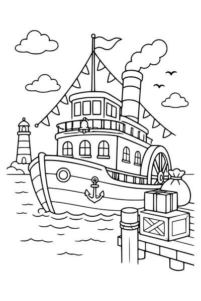 Saint Nicholas steamboat in the harbour — page de coloriage gratuite à imprimer
