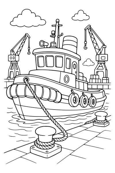 Tugboat at the quay — page de coloriage gratuite à imprimer