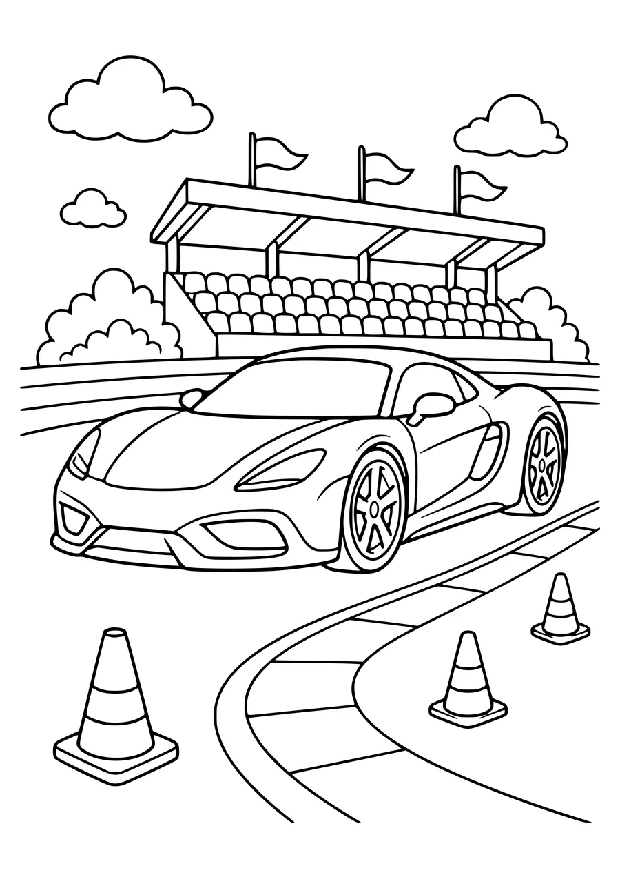 Sports car on the racetrack — kostenloses Ausmalbild zum Ausdrucken