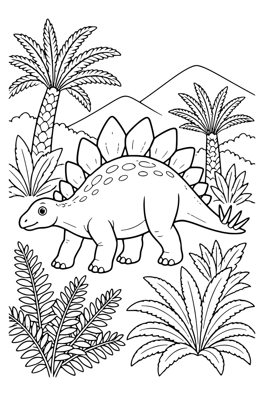 Stegosaurus among ferns — kostenloses Ausmalbild zum Ausdrucken