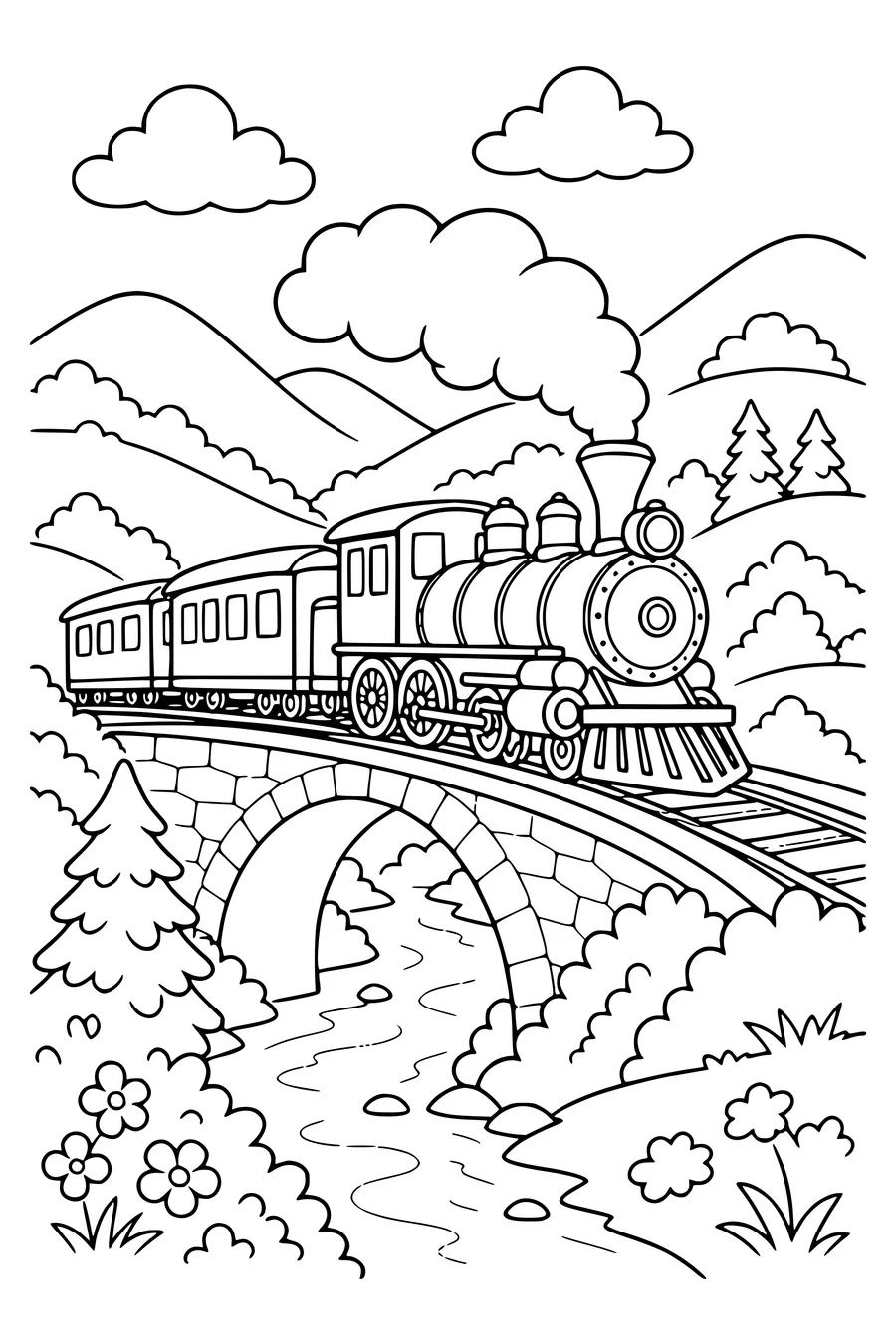 Steam train through the valley — kostenloses Ausmalbild zum Ausdrucken