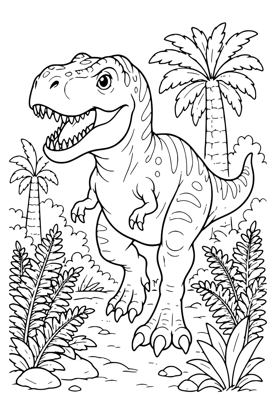 T-rex in the forest — page de coloriage gratuite à imprimer
