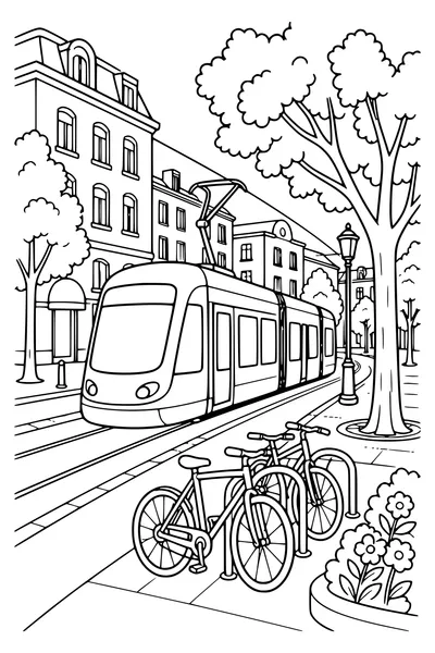 Tram in the city — page de coloriage gratuite à imprimer