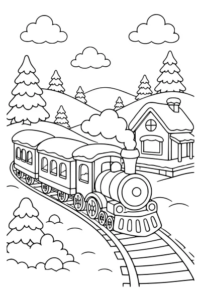 Train journey in the snow — page de coloriage gratuite à imprimer
