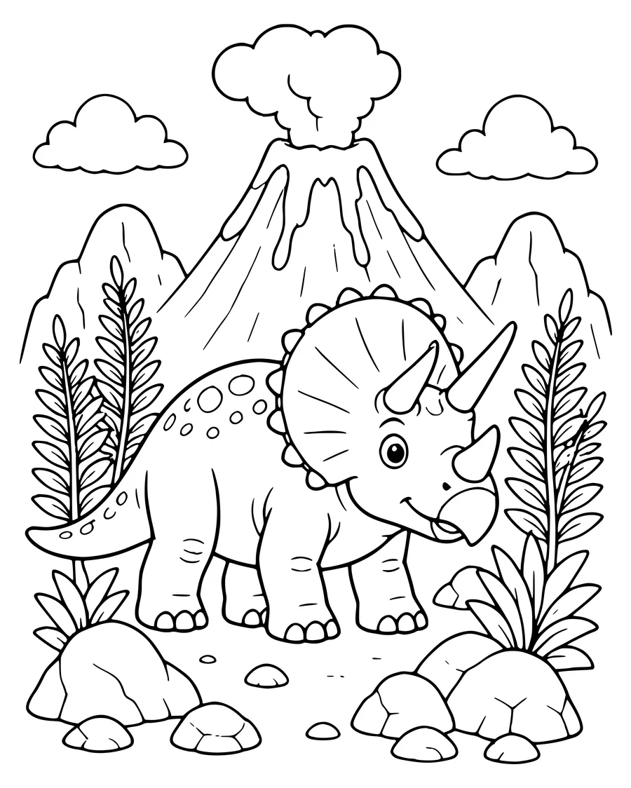 Triceratops by the volcano coloring page