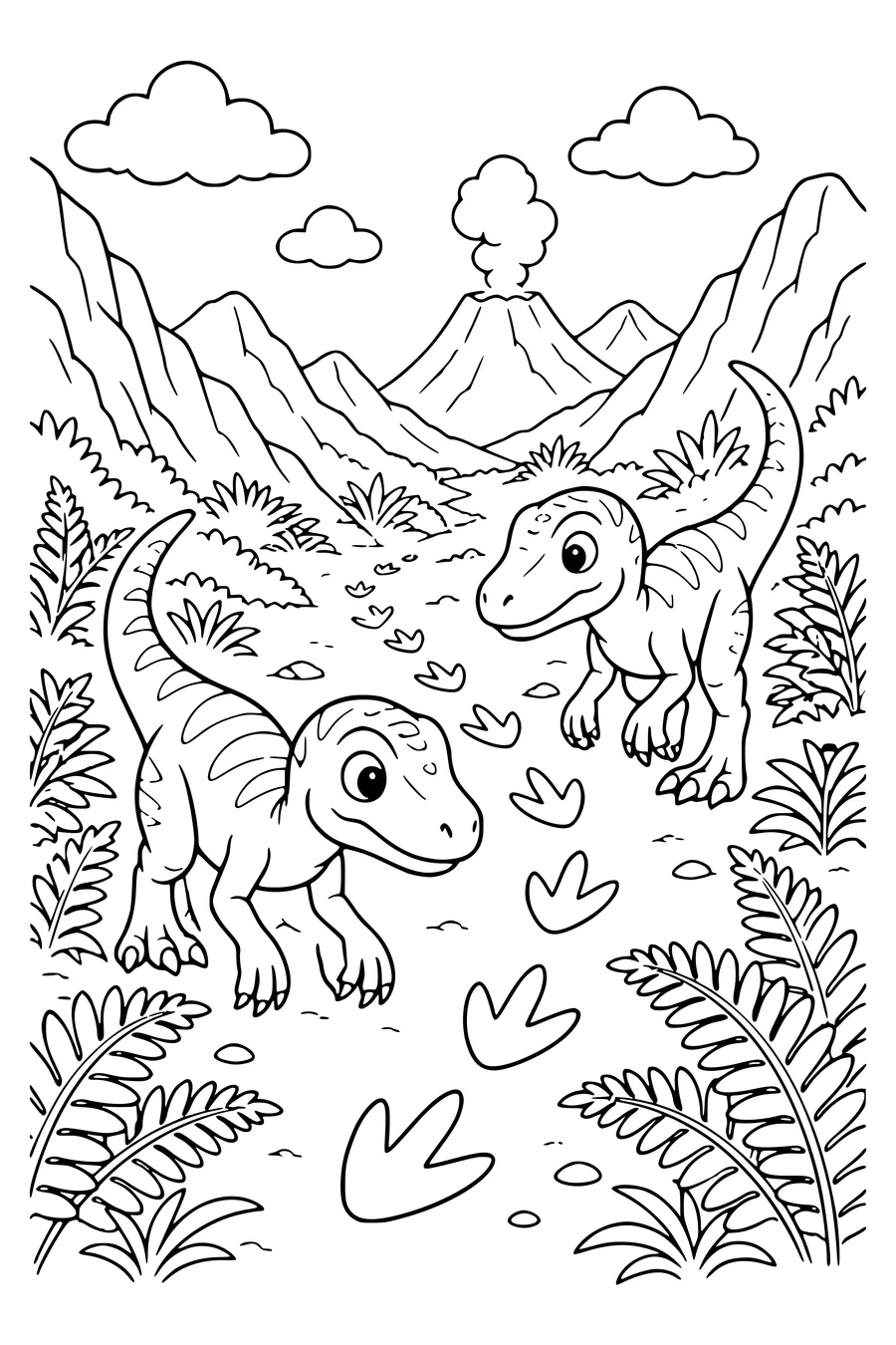 Velociraptors on the trail — page de coloriage gratuite à imprimer