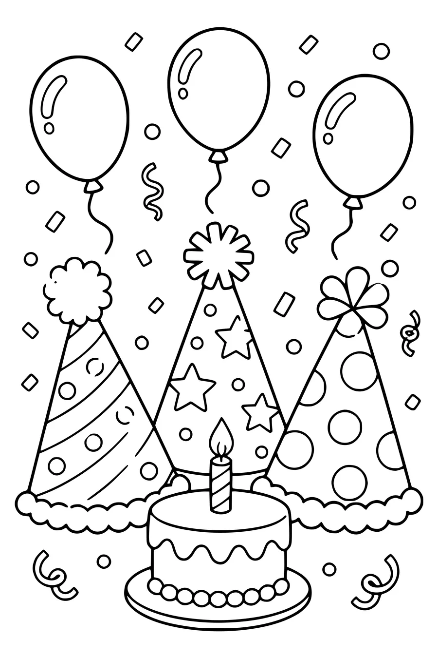 Birthday party hats — page de coloriage gratuite à imprimer