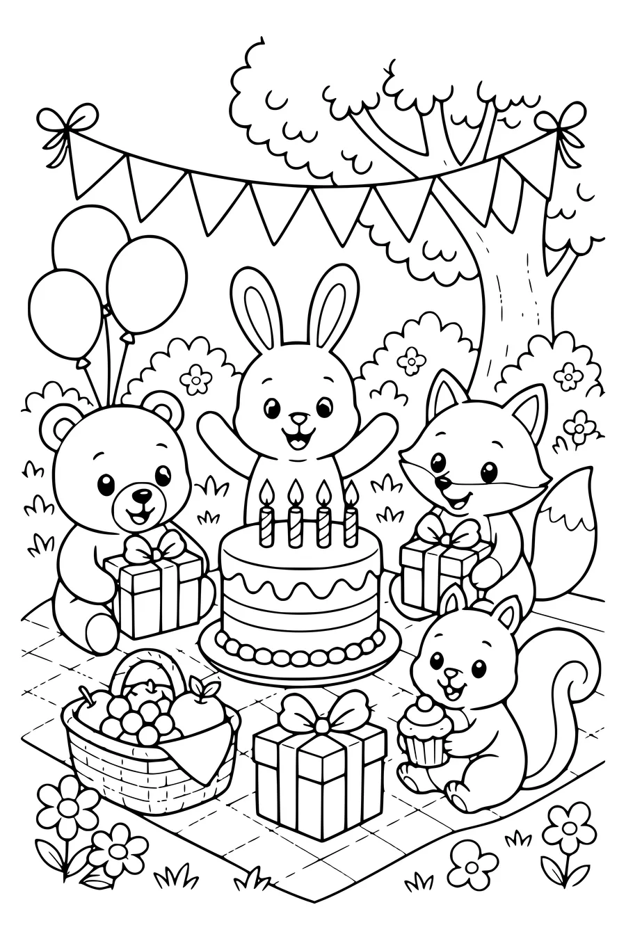 Birthday picnic party coloring page
