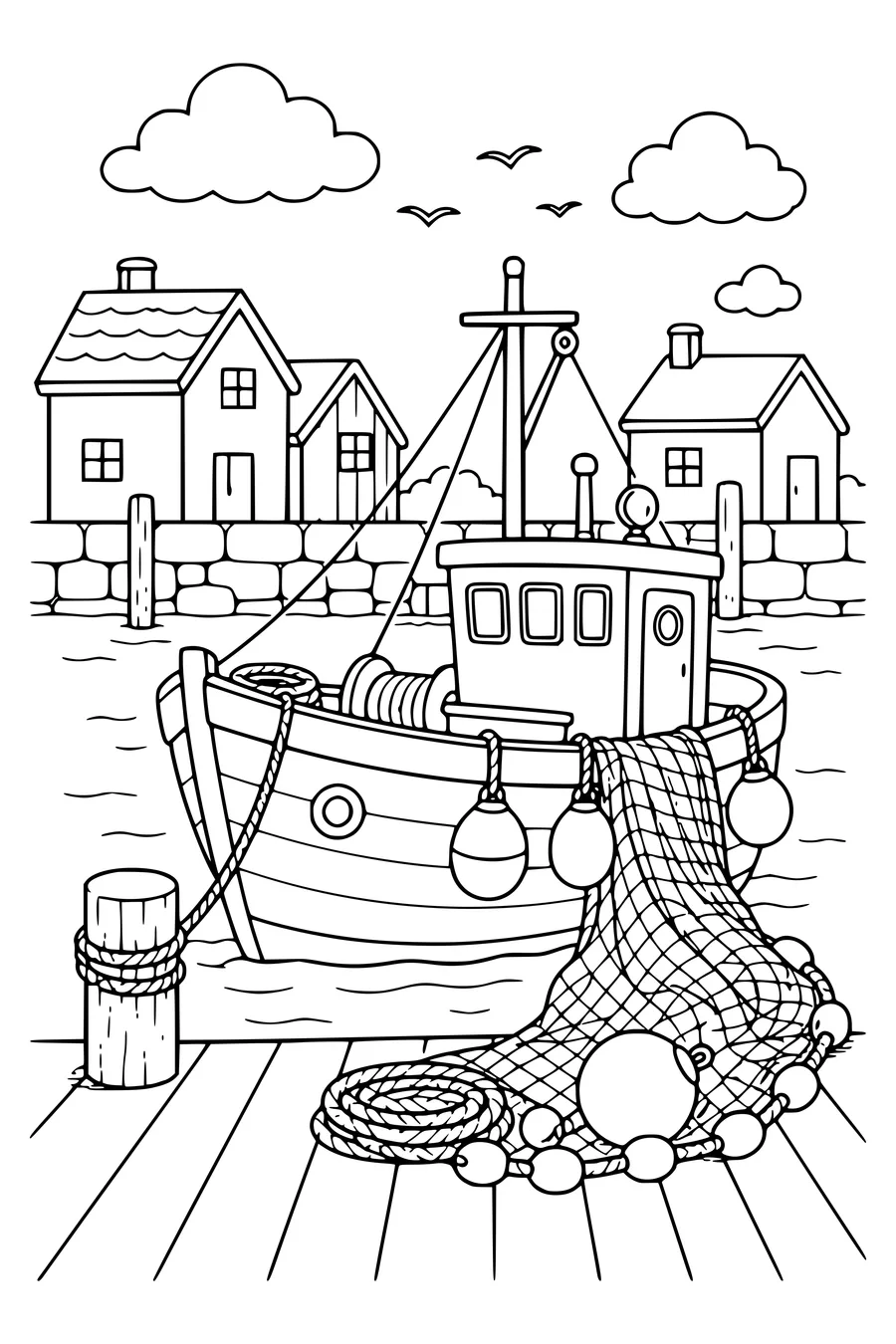 Fishing boat in the harbour — page de coloriage gratuite à imprimer