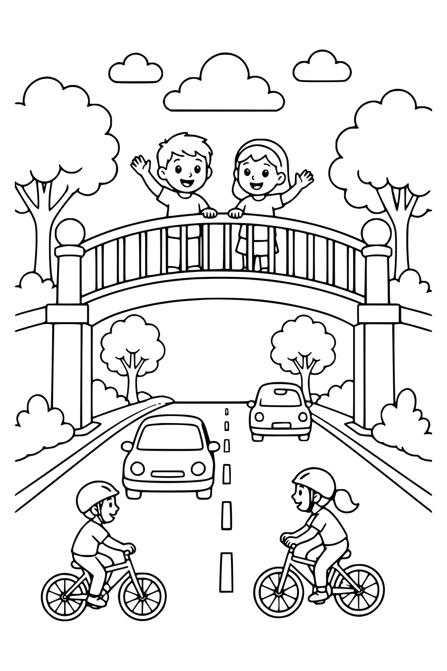 Voetgangersbrug over de weg kleurplaat