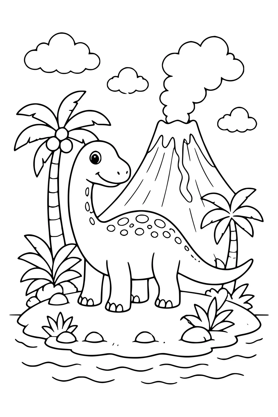 Volcanic island with dinosaur coloring page