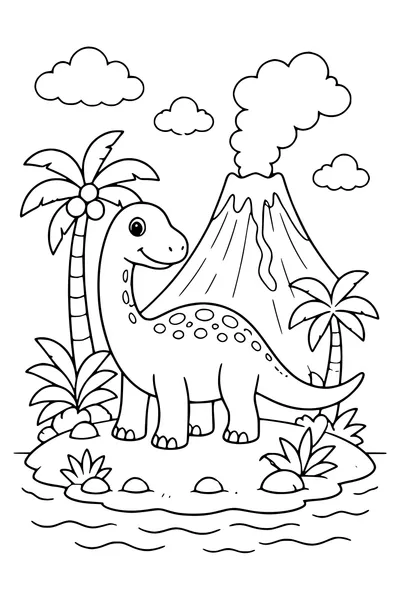 Volcanic island with dinosaur coloring page