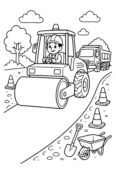 Road roller on the road — kostenloses Ausmalbild zum Ausdrucken
