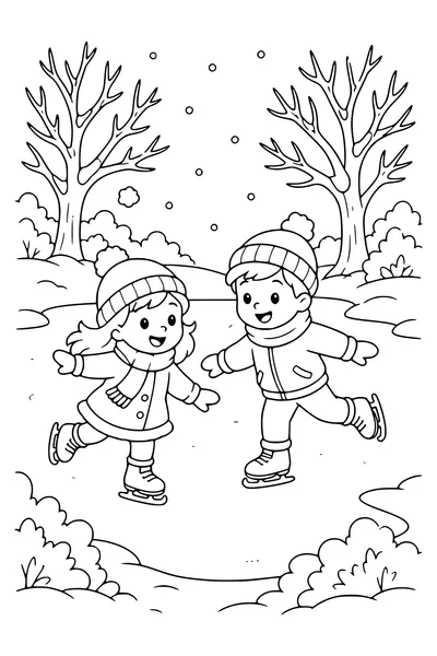 Winter skating on the pond — page de coloriage gratuite à imprimer