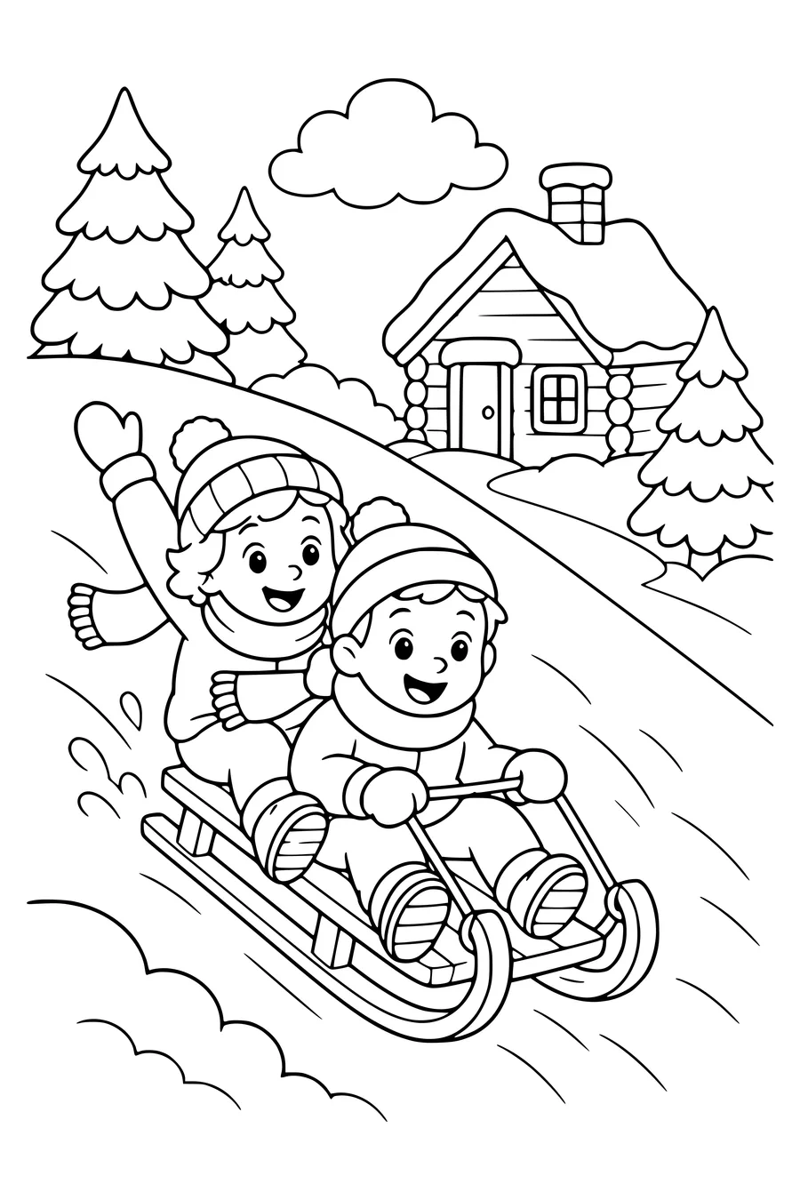 Winter sledding downhill — page de coloriage gratuite à imprimer