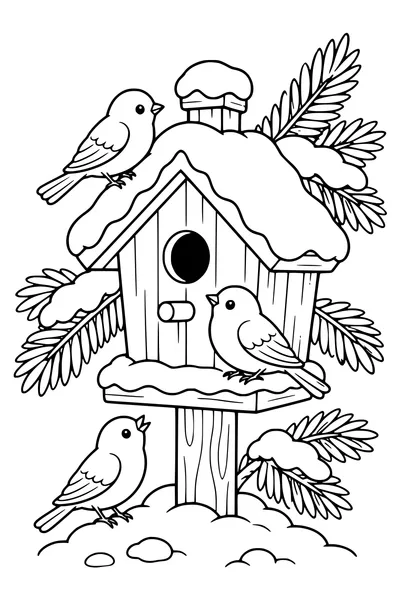 Winter birdhouse in snow — page de coloriage gratuite à imprimer