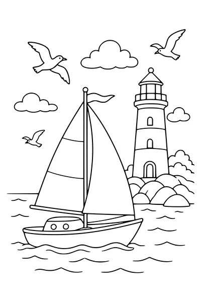 Sailboat in the bay — kostenloses Ausmalbild zum Ausdrucken