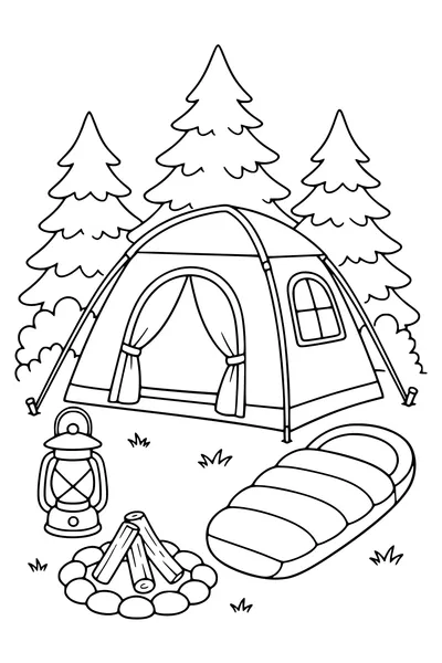 Summer camping in the forest — page de coloriage gratuite à imprimer
