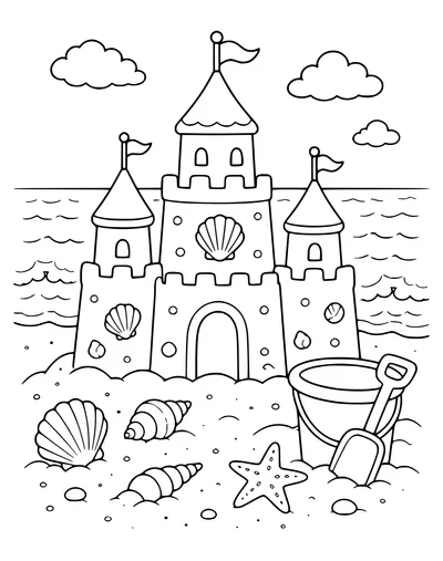 Summer sandcastle at the beach — page de coloriage gratuite à imprimer