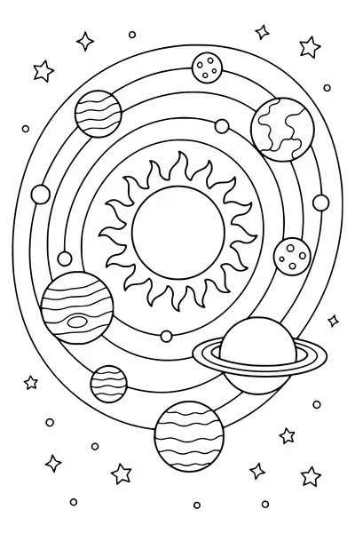 Solar system in space — kostenloses Ausmalbild zum Ausdrucken