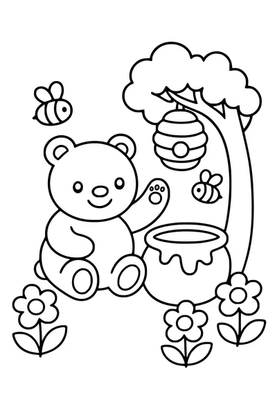 Easy coloring page of a round bear sitting beside a honey pot