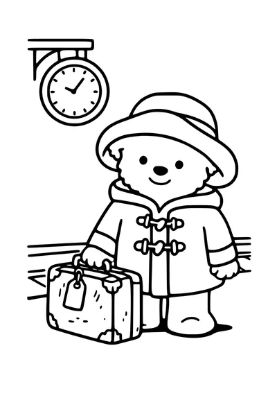 Coloring page of a bear in a coat and hat with a suitcase on a platform