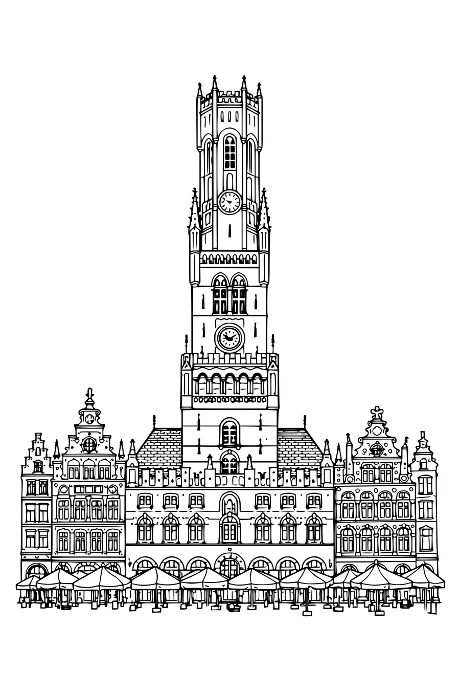 Kleurplaat van een belfort met rijk versierde gildehuizen ernaast