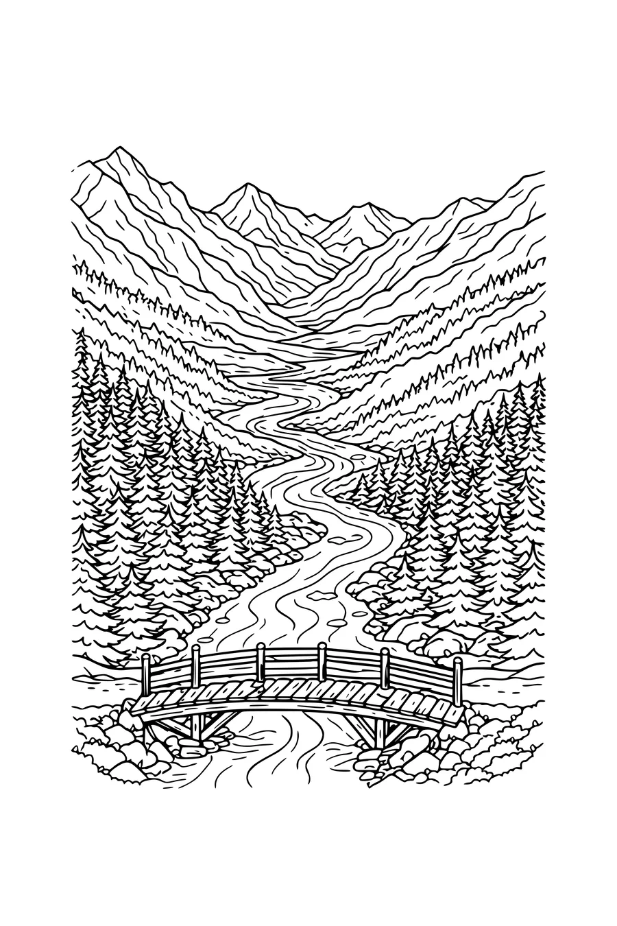 Coloring page of a mountain valley with a winding river and layered ridges