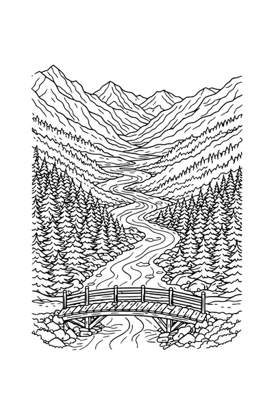 Coloring page of a mountain valley with a winding river and layered ridges