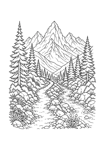 Difficult adult landscape coloring page: mountain valley with walking trail for adults