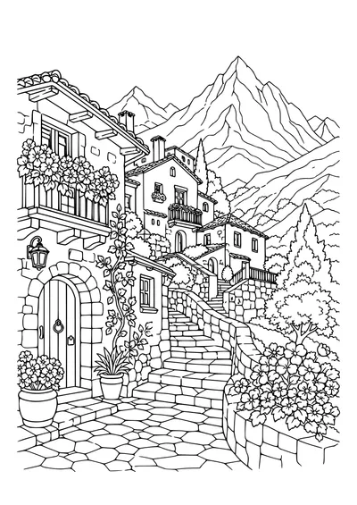 Difficult adult coloring page: mountain village with terraces